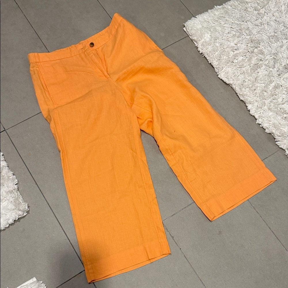 APRICOT Linen-Blend High-Waist Cropped Pants in Apricot